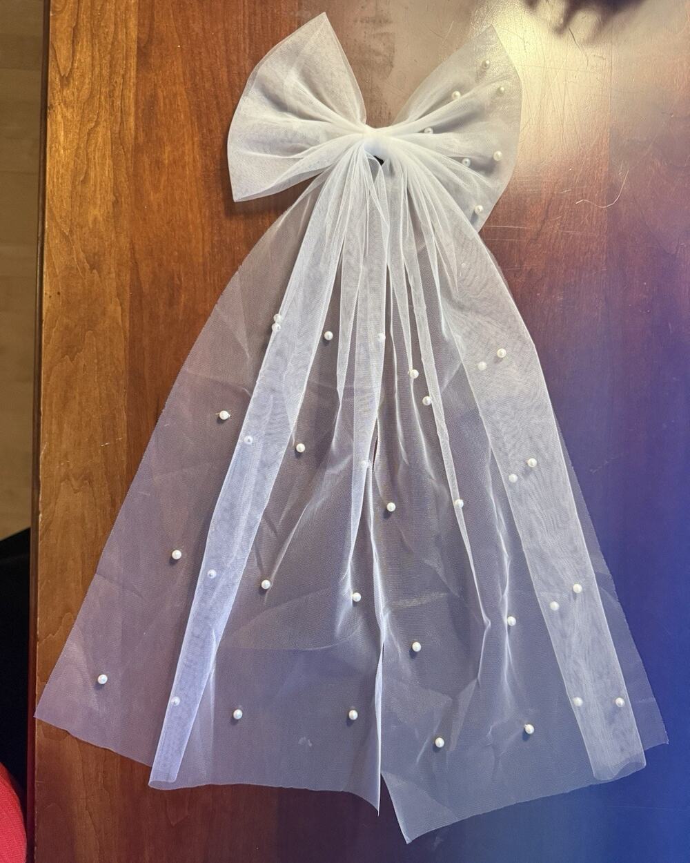 White Bridal Mesh Ribbon Bow Pearl Beads Hair Clip
